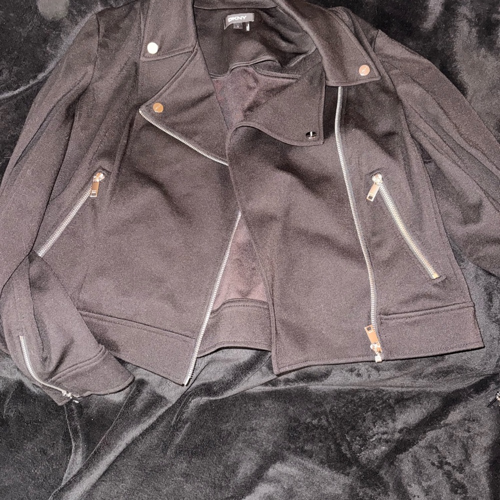 DKNY Black Leather Jacket with Silver Zippers
